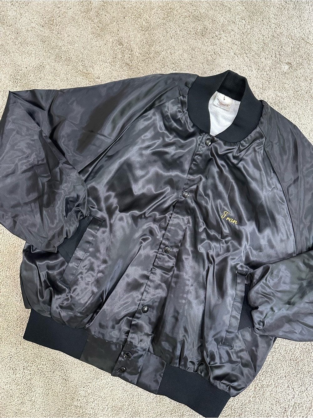 aerie Black Satin Bomber Jacket with Gold Embroidery